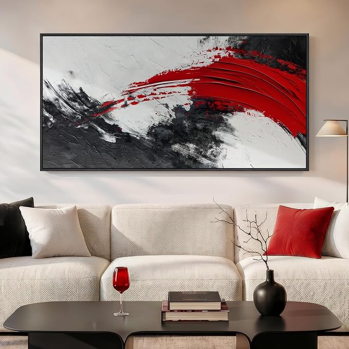 Extra Large Framed Red Black and White Abstract Wall Art for Living Room, Oversized Modern Horizontal Canvas Prints Artwork for Walls, Minimalist Pictures for Bedroom Office Hallway Wall Decor 30x60 In