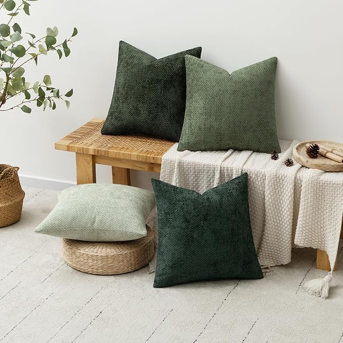 MIULEE Soft Decorative Chenille Pillow Covers Forest Green 18x18 Pack of 4 | Nordic Home Decor, Woodland Forest Bath Set, Couch Throw Pillows, Farmhouse Boho Cushion Covers for Sofa Bed Living Room