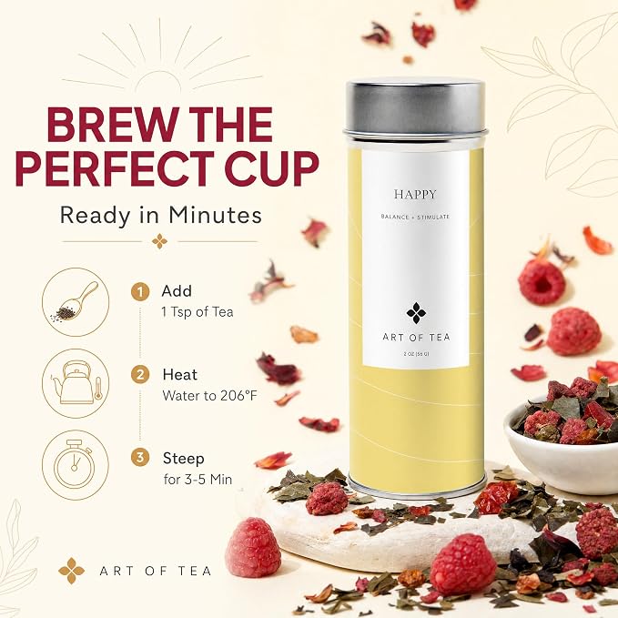 Art of Tea Happy Tea 2oz Loose Leaf Green Tea Tin, Fruity Jasmine Green Tea with Raspberry & Hibiscus, Premium Loose Leaf Tea for Natural Energy Support