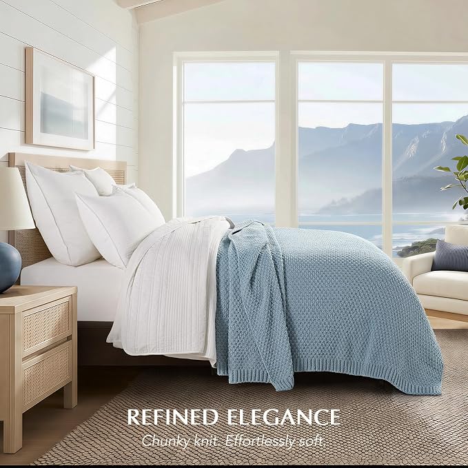 EVERGRACEHOME Chunky Chenille Knit Throw Blanket, 90 x 90, Chambray Blue | Sculpted Moss Stitch, Chic Modern Farmhouse, All-Season Warmth, OEKO-TEX® Certified, Oversized Queen for Couch, Bed, Sofa