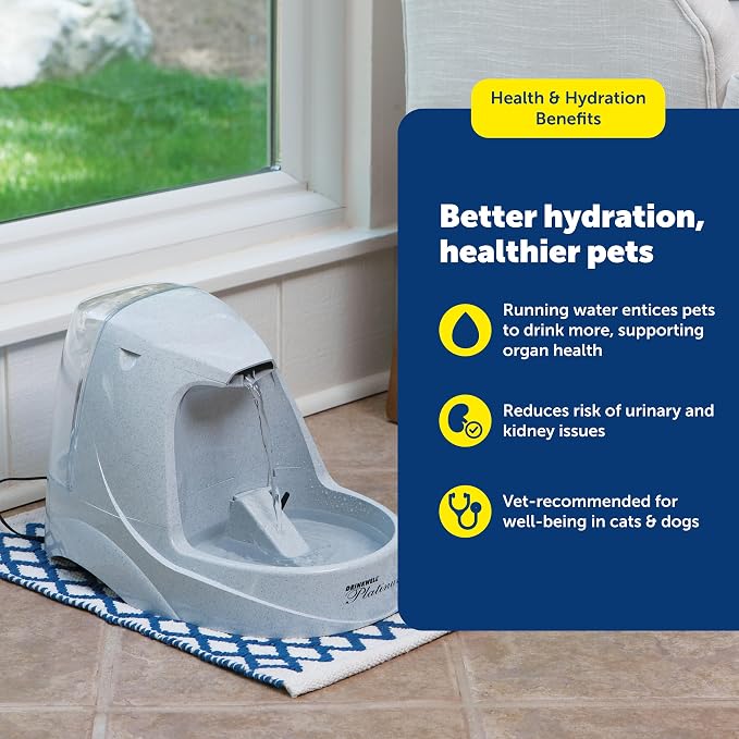 PetSafe Drinkwell Platinum Cat Water Fountain, 168 oz/5L, Grey | Free-Falling Stream Encourages Drinking, Dishwasher Safe, Large Capacity, Includes Replaceable Carbon Filter
