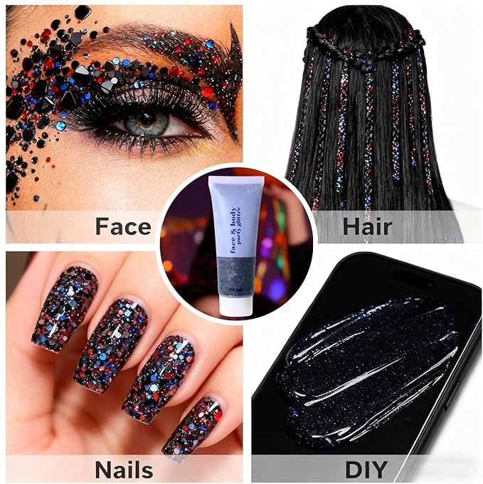 Black Body Glitter,Face Hair Glitter for Kids and Women, Chunky Sequins Glitters Makeup, Halloween Accessories (Halloween Themed)