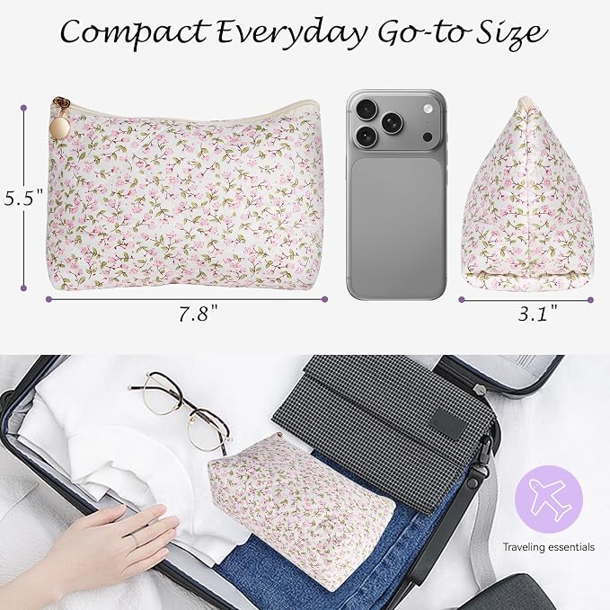 Quilted Cotton Makeup Bag, Coquette Quilted Toiletry Bag for Women and Girls, Floral Coquette Pouch, Cute Kawaii Travel Cosmetic Bags (Pink Floral)
