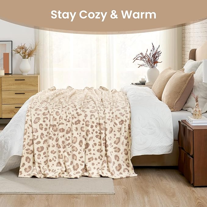 Cozy Bliss Leopard Print Fuzzy Throw Blanket for Couch & Bed, Thick Soft Warm Fleece Blankets for Room Decor, for Kids, Women Men Girls, Khaki Brown Cheetah 50"*60"