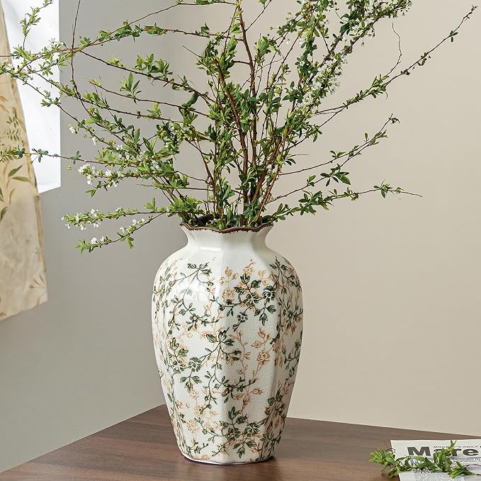Ceramic Flower Vase for Home Decor, Vintage Green Decorative Vase 9.1 Inch | Rustic Farmhouse Floral Vase for Coffee Table, Living Room, Kitchen, Mantel, Bookshelf, Entryway, Wedding Centerpiece