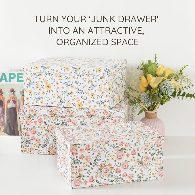 Soul & Lane - Summer Bouquet Decorative Storage Boxes with Lids, Set of 3 | Large Nesting Keepsake Boxes for Memories, Photos and Gifts, Cute Pink Floral Containers for Keepsakes and Organizing