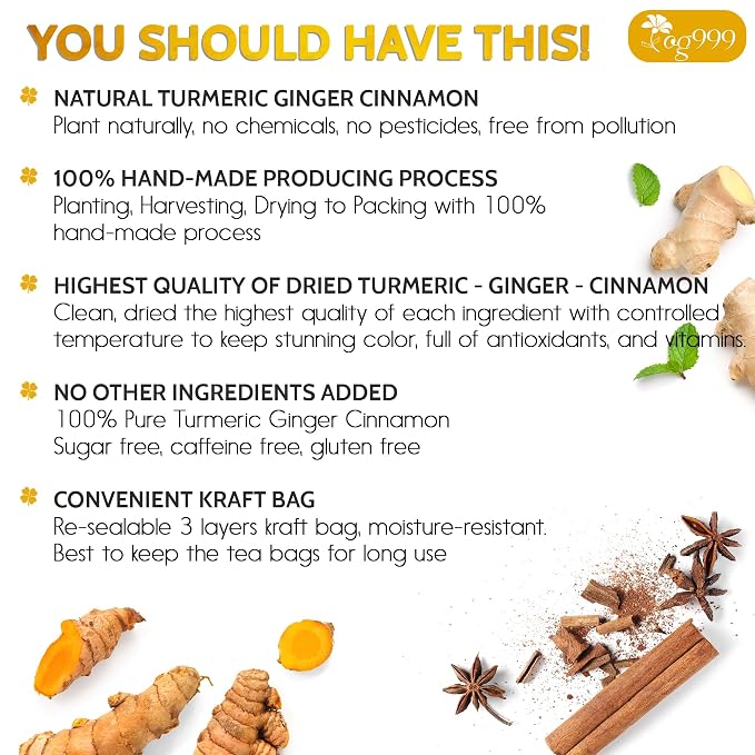 TOG999, 30 Bags Premium Turmeric Ginger Cinnamon Tea, Improve Digestion, Support Brain, Weight, Skin and Sleep, Eco-Conscious Tea Bags and Premium Natural Ingredients. Turmeric Ginger Herbal Tea. No Sugar, No Caffeine, No Gluten, Vegan.
