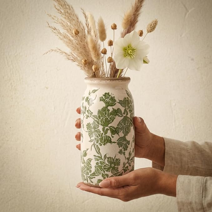 Vintage Green Tuscan Ceramic Vase, Rustic Flower Vases for Home Decor, 8in | Farmhouse Planter with Crackle Glaze, Floral Holder for Home Decor, Fresh Flowers, Rustic Tuscan Style, Living Room