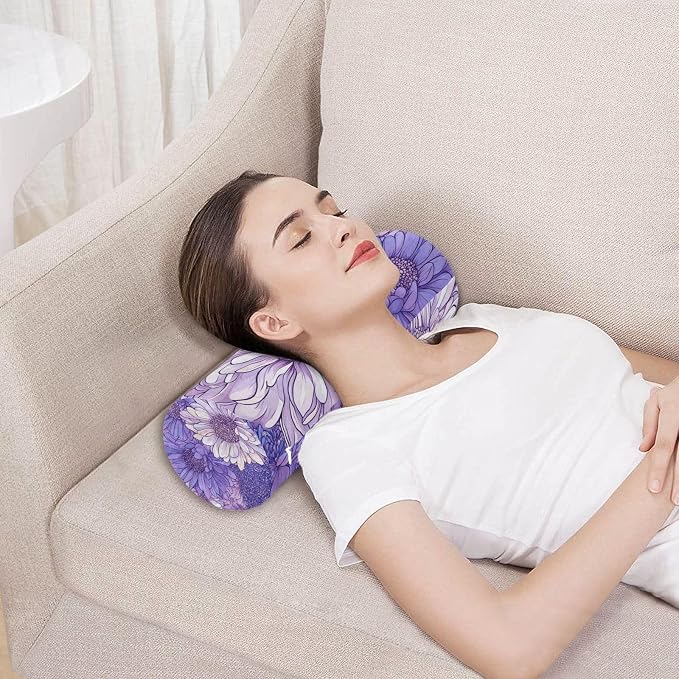 Cartoon Chrysanthemum Flowers and Lavender Neck Roll Pillow Bolster Round Health Memory Foam Long Cervical Cylinder Pillows with Removable Washable Cover for Body Bed Legs Back Yoga