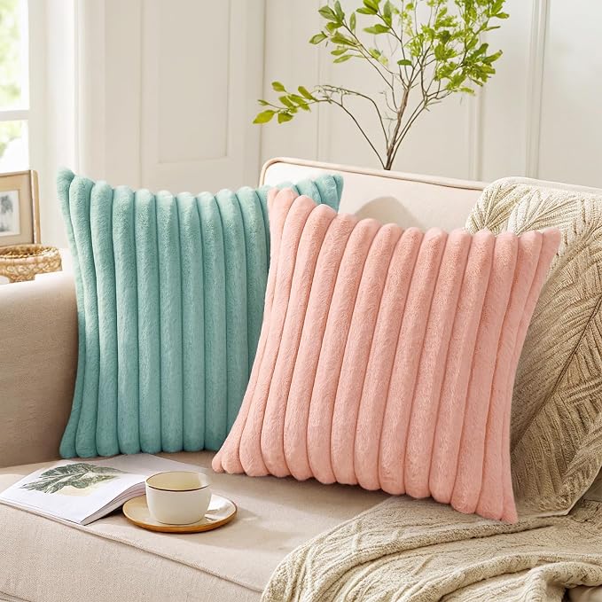 Pallene Faux Fur Decorative Throw Pillow Covers 26x26 Set of 2, Aqua | Luxury Plush Texture, Striped Design, Cozy Soft Touch, Modern Home Accent Decor for Couch, Sofa, Bed, Living Room