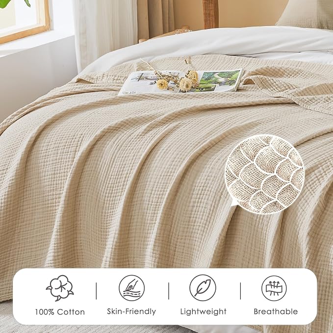 EMME Cotton Muslin Queen Blanket Bed Layering Bedspread Coverlet Breathable Gauze Soft Lightweight Blankets (Heather Beige, 90"x90")