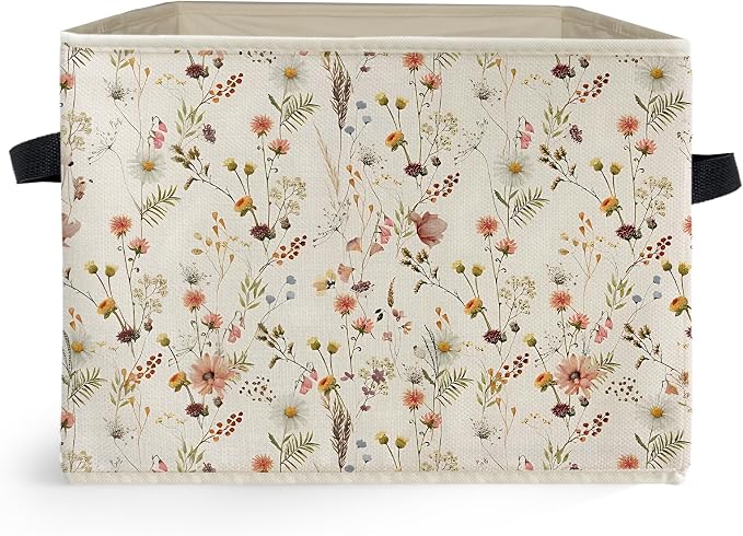 Rustic Floral Storage Box Bins, Vintage Wildflower Botanical Cottagecore Collapsible Storage Basket Organizer for Bedroom Laundry Room Home Clothes Books, Decor for Room