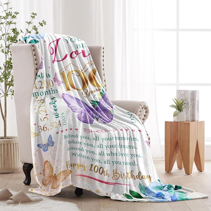 Gifts for 100 Year Old Woman, 100th Birthday Present for Women, 100th Birthday Gift Ideas, Present for Women 100yr Bday, Happy 100 Bday Decorations for Woman Throw Blanket 50"X60"