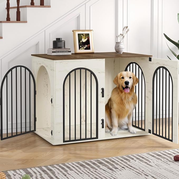 Hzuaneri 44.1'' Dog Crate Furniture,Dog Kennel Indoor for Medium/Large Dogs | Dog Kennel Furniture Wooden Dog Cage Heavy Duty Dog Crate Decorative Pet House End Side Table TV Stand,White Brown DFC83914B