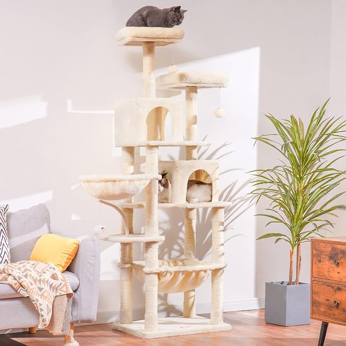 Heybly Cat Tree, 70 inches Tall Cat Tower for Indoor Large Cats HCT032M | Big Cat Condo with Toy , Cat House Furniture with Padded Plush Perch, Cozy Hammock and Sisal Scratching Posts, Beige