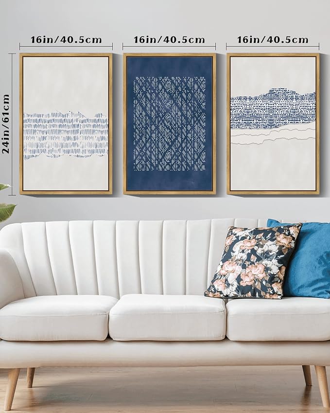 Drsoum Blue Abstract Boho Framed Wall Art Large 16x24in Minimalist Mid-Century Modern Wall Decor Geometric Artwork Kitchen Dining Room Natural Framed