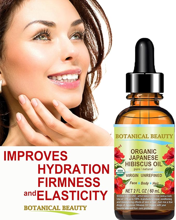 Botanical Beauty Organic HIBISCUS OIL (Hibiscus Sabdariffa) JAPANESE 100 Pure Natural VIRGIN UNREFINED COLD PRESSED Anti Aging, Vitamin E Oil for FACE, SKIN, HAIR GROWTH (1 Fl Oz)