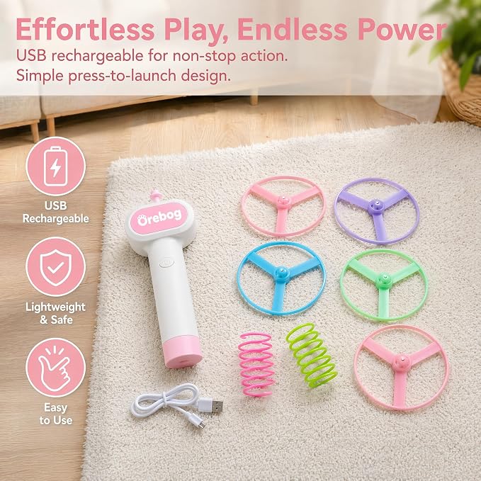 Cat Toy Disc Launcher,Rechargeable Interactive Cat Fetch Toy with 6 Discs | Cat Toys for Indoor Cats with 8 Coil Spring Toys,Flying Cat Enrichment Toys for Adult Kittens Dog Playing,Fun Toy for Outdoor