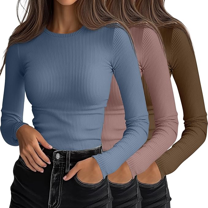 Ficerd 3 Pack Women's Ribbed Long Sleeve Tops, Crew Neck Slim Fit Undershirts Knit Basic Casual Stretch Layering Tee Shirts