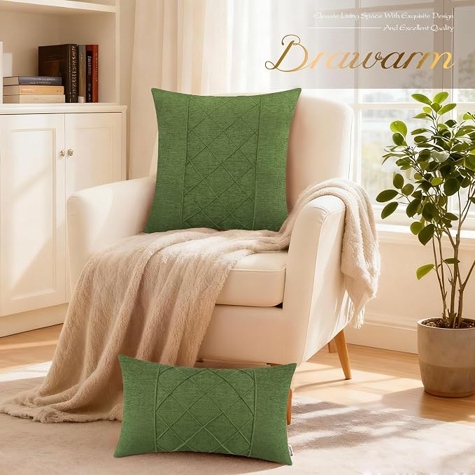 BRAWARM Chenille Throw Pillow Covers 18x18 Inches, Forest Green, 2 Pack | Decorative Pleated Pillow Covers, Soft Cushion Cases for Sofa Bed Living Room Home Farmhouse (No Insert)