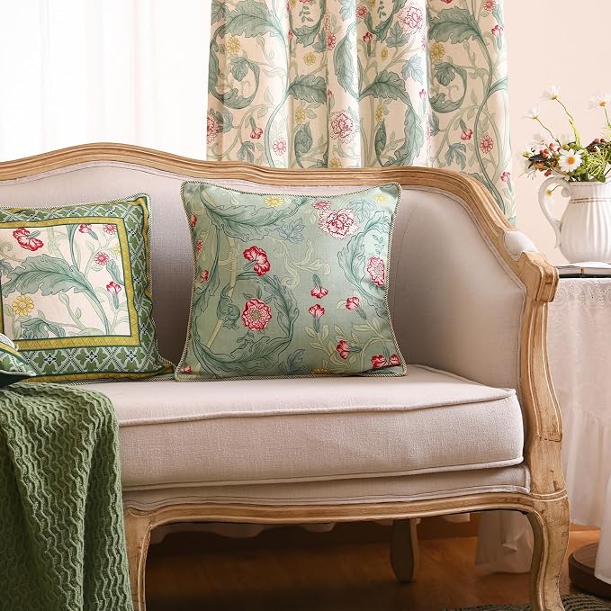 patdrea French Vintage Linen Throw Pillow Cover,18"x18",Set of 2-Cecilia B | Decorative Pillow Case with Zipper,Green Floral Pattern,Cushion Coverfor Couch Living Room Bedroom Sofa