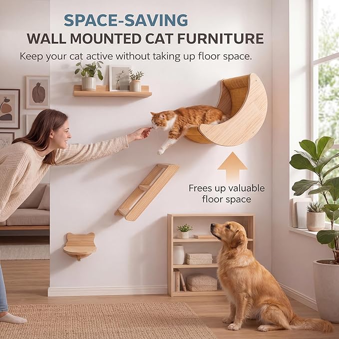 Cat Wall Shelves Set,Solid Wood Moon Bed,Perch & Stair for Climb and Rest | 3-in-1 Wall-Mounted Cat Furniture;16-Inch Stud Wall;Hold Up to 40 lb;Wall & Corner Setup;Vertical Territory & Active Exercise