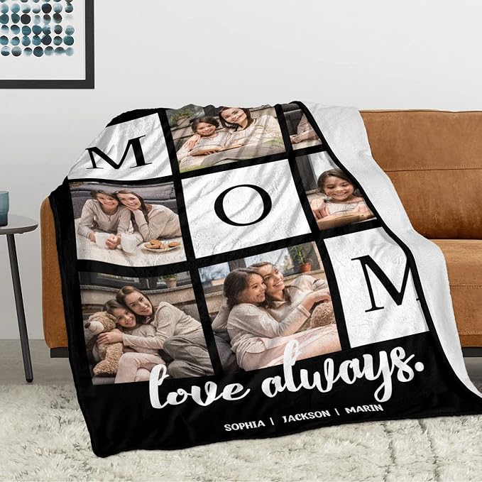 Custom Mothers Day Birthday Gifts for Mom, Personalized Blanket with Photos | to My Mom Gift from Daughter Son, Custom Blanket with Pictures Text, Christmas Birthday for Wife Grandma Women