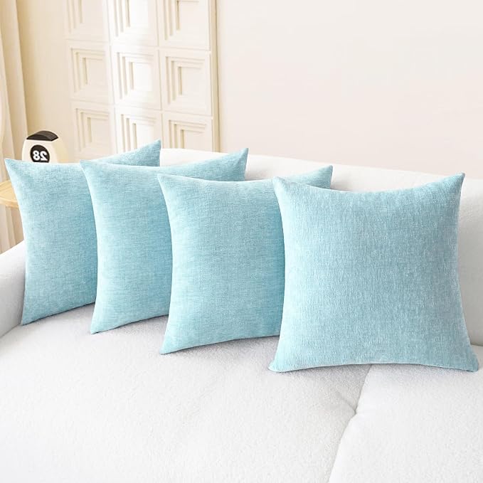CaliTime Decorative Throw Pillow Covers 18 X 18 Inches Light Blue Grey | Pack of 4, Cozy Chenille Cushion Cases for Sofa Bed Living Room Farmhouse Home