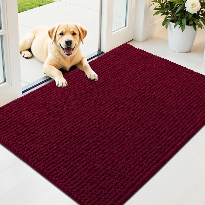 OLANLY Dog Door Mat for Muddy Paws 44x32, Extra Absorbent Chenille Mud Mat | Burgundy, Absorbs Moisture and Dirt, Non-Slip Machine Washable Doormat, Quick-Drying Indoor Entryway Floor Mat for Dogs