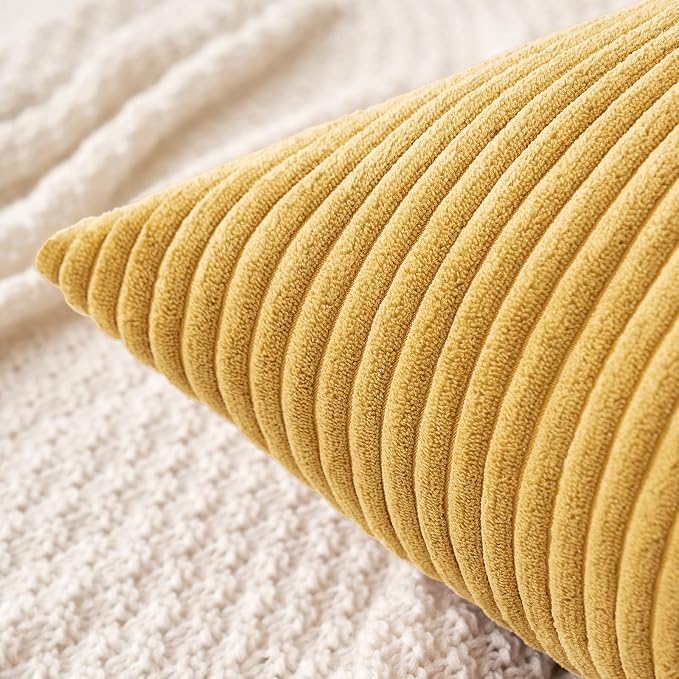MIULEE Fall Decorative Corduroy Throw Pillow Covers Set of 2 20x20 Gold | Soft Striped Textured Cushion Cases, Boho Rustic Square Pillowcases Neutral Home Decor, for Couch Chair Sofa Bed Living Room