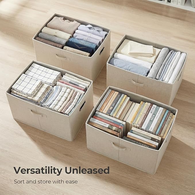 Storage Bins with Lids [3-Pack] Linen Fabric Foldable Storage Boxes Organizer Containers Baskets Cube with Cover for Bedroom Closet Office Beige (23.4X15.9X11.4)