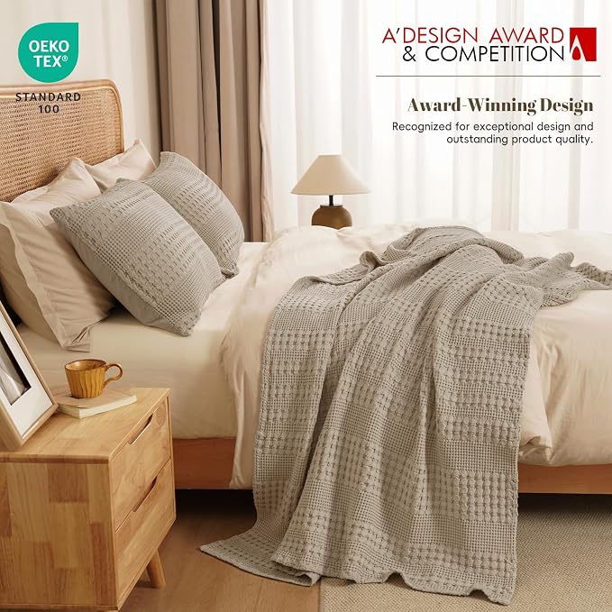 PHF 100% Cotton Waffle Weave Throw Blanket, Lightweight Breathable Summer Blanket for Couch Sofa, Pre-Washed Soft Throws for Bed, Office, Travel & Stylish Home Decor, 50"x60", Taupe