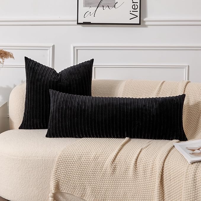 UGASA 14x36 Inch Pillow Cover Pack of 1 Soft Boho Stripe Corduroy Large Long Rectangular Lumbar Cushion Cover Farmhouse Decorative Throw Pillowcase for Bed, Couch, Sofa, Bedroom, Living Room, Black