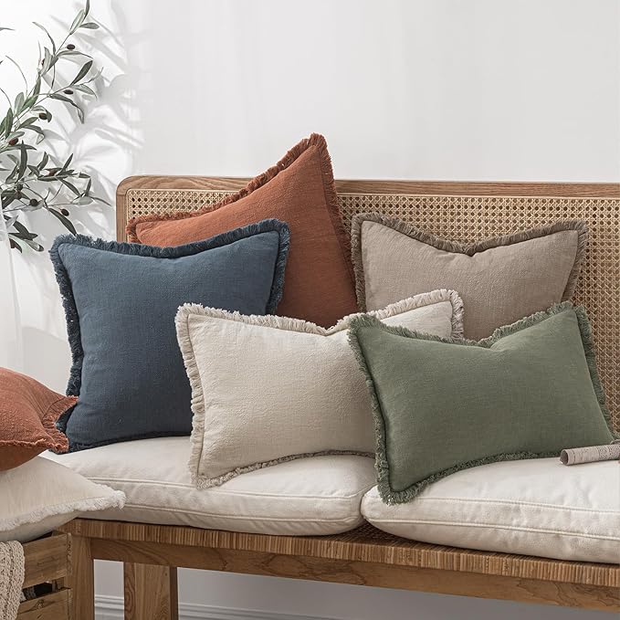 MIULEE Boho Linen Fringe Decorative Fall Throw Pillow Covers Dune 18x18 | Set of 2, Cottagecore Decor, Boho Farmhouse Neutral Pillow Covers, Rustic Fall Couch Cushion Cases for Sofa Bed Living Room