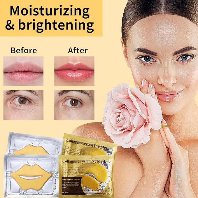60 Pcs Moisturizing Lip & Eye Masks,Gold Lip Masks,Gold Under Eye Patches for Puffy Eyes and Dark Circles,Collagen Lips Mask Sheet, Skincare for Dry Lips,Reducing Fine Lines