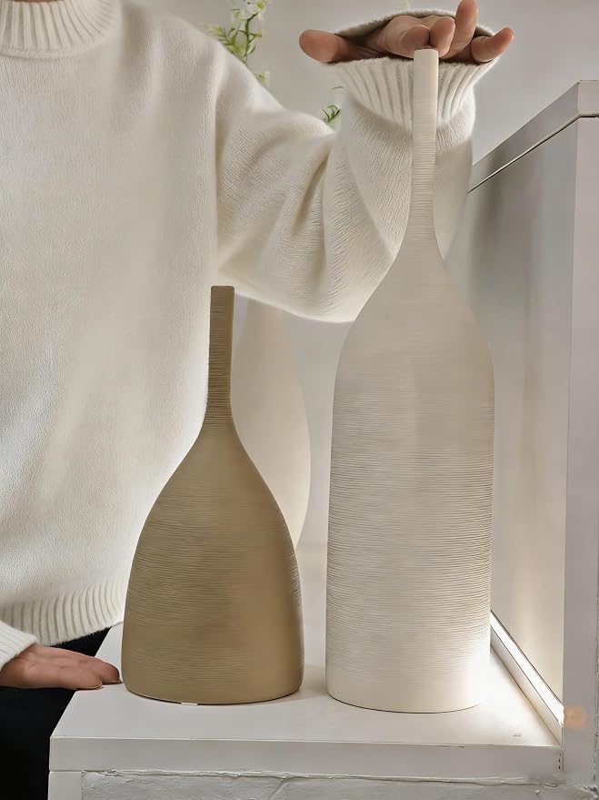 Ceramic Vases Set of 2, Modern Boho Vases for Centerpiece Decor, Matte Minimalist Neutral Vases for Home Decor, Living Room, Bookshelf, and Entryway Table Decor (Multicolor-2)