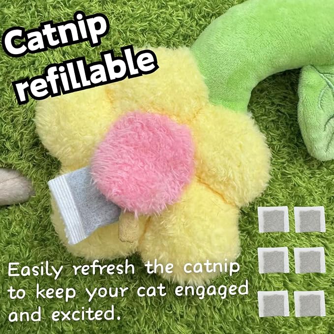CECE PAW 3 PCS Catnip Toys, Includes 6-Pack Catnip Pouches, Catnip Refillable Interactive Cat Toy with Crinkle Sound, Bunny Easter Kicker Toy for Indoor Cats, Chew, Food Puzzle for Kitten Enrichment