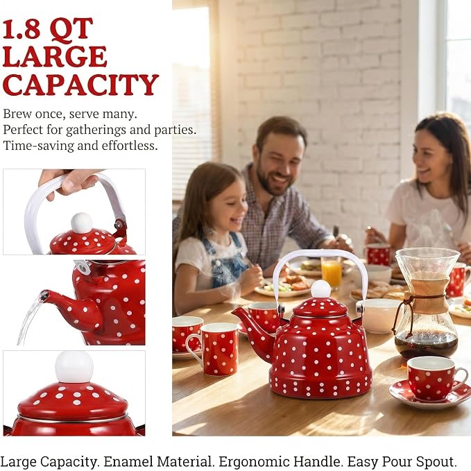 Cabilock Red Tea Kettle, 1.8 Quart Vintage Enamel Tea Kettle for Stovetop, Non-Whistling with Polka Dot Design and Ceramic-Style Handle, Retro Kitchen Decor Water Pot for Home Coffee