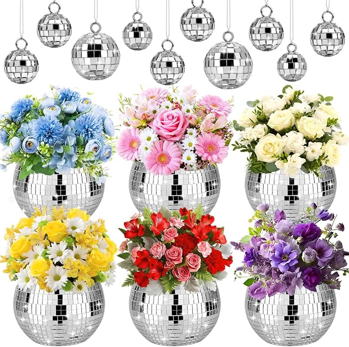 16 Pcs Disco Ball Vase Sets, 6 Pcs Disco Ball Vase Disco Ball Flower Vase & 10 Pcs Disco Balls with 3 Sizes, 3" X 4" Disco Ball Planter Candle for Wedding, Birthday, Party