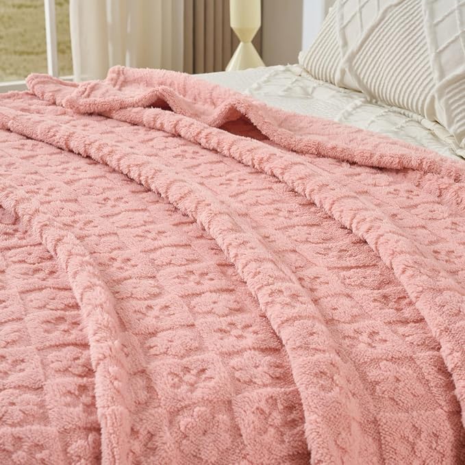 Pink Floral Plush Throw Blanket 50 x 60 Inch, Soft Fuzzy Fleece, Cozy Decorative Blanket for Couch, Sofa, Bed and Bedroom