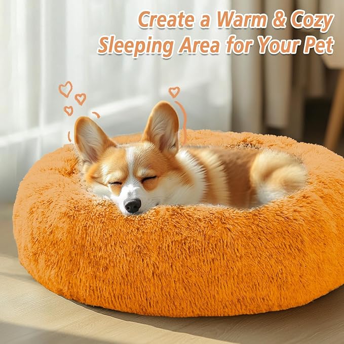 JOLLYVOGUE Calming Dog Bed Medium Size Dog, 31in Donut Washable Medium Pet Bed, Anti-Slip & Anti-Anxiety Fluffy Faux Fur Round Dogs Bed, Fits up to 45 lbs Pets (Orange)