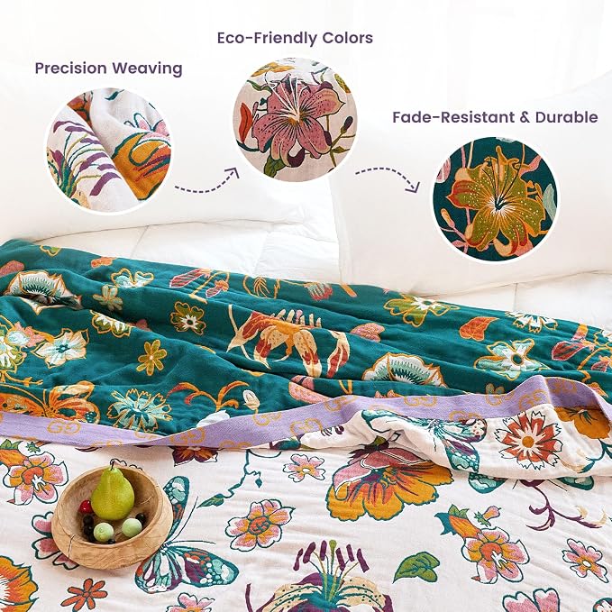 MSGKV Boho Throw Blanket 90"x108" 100% Cotton Floral Blanket for Bed | Super Soft Muslin, Everyday Comfort, Lightweight, Farmhouse Decor, King Size, All Seasons, Machine Washable, Cozy Comfort