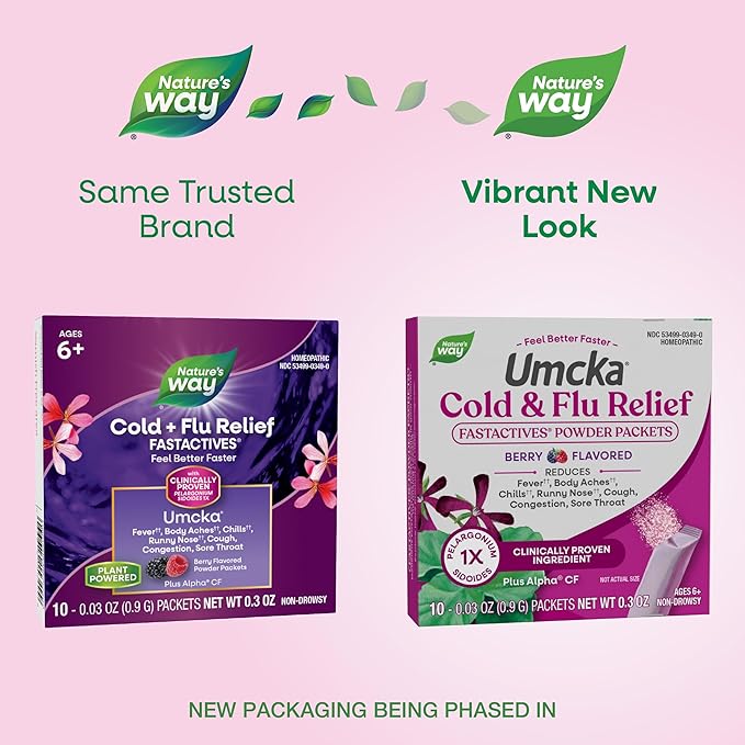 Nature's Way Cold + Flu Relief FastActives, Umcka, Homeopathic, Fever*, Sore Throat, Cough, Congestion, Phenylephrine Free, Non-Drowsy, Berry Flavored, 10 Packets (Packaging May Vary)
