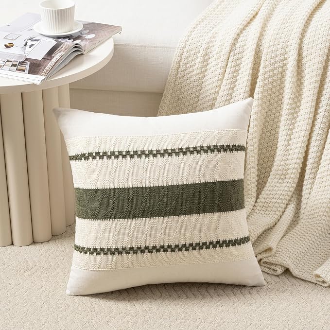Fancy Homi Set of 2 Boho Moss Green Decorative Throw Pillow Cover 18x18 Inch for Couch Bed Sofa, Aesthetic Modern Organic Farmhouse Home Decor, Soft Cotton Cute Accent Macrame Woven Cushion Case