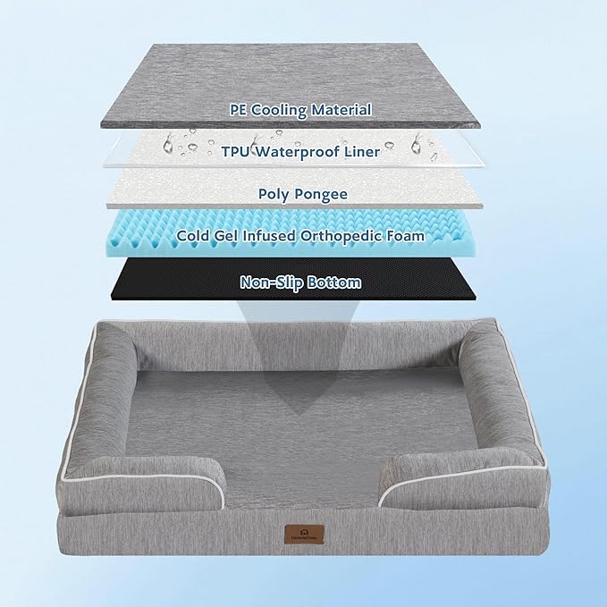 Cooling Dog Bed,Dual-Cooling Design,Q-Max >0.4 Cool Pet Beds for Extra Large Dogs,Orthopedic Foam Dog Bed with Sides, Removable Cover & Waterproof Lining,Grey (48" L x 32" W x 8" Th)