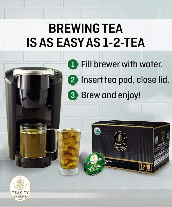 Organic Moringa Green Tea Pods for Keurig - Naturally Caffeinated by Teavity (36 Tea Pods)