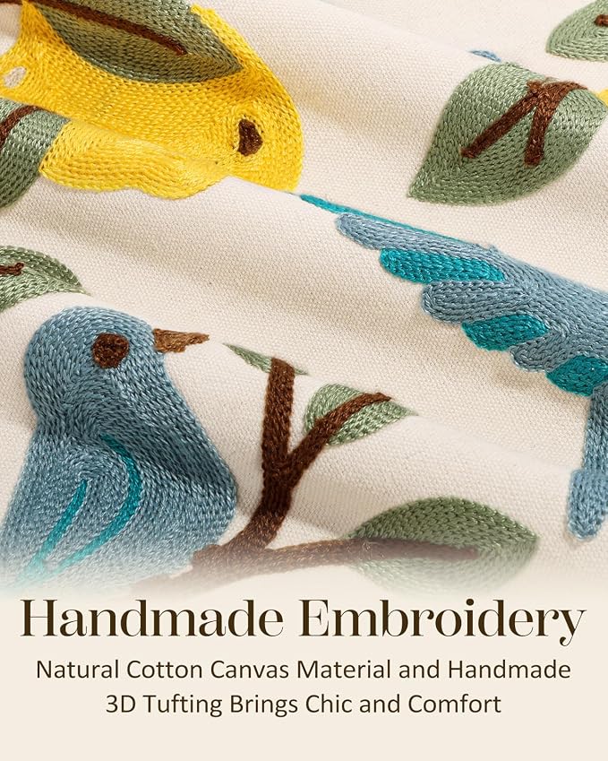 Embroidered Throw Pillow Cover 20x20 Inch, Bird Lemon | Decorative Pillow Cover, Farmhouse Cushion Case with Hidden Zipper, Cottagecore Decor for Couch, Sofa, Living Room, Bedroom