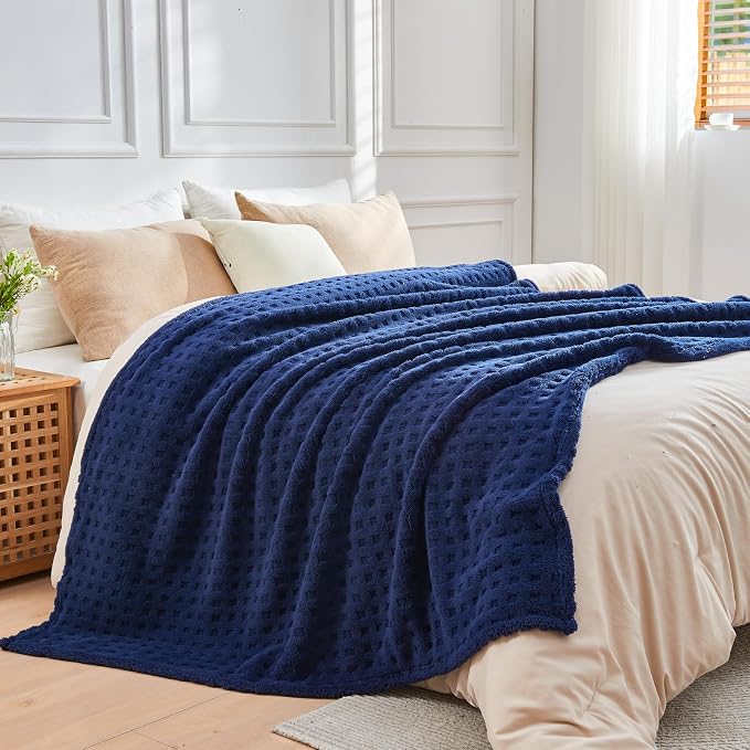 NEWCOSPLAY 3D Waffle Checkered Flannel Queen Blanket, Dark Navy, 90"x90" | Super Soft Cute Lightweight Decorative Premium Silky Fleece Blanket for Couch Sofa Bed, Gift for Women Men, All Season Use