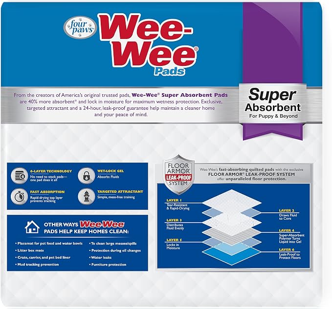 Four Paws Wee-Wee Super Absorbent Pads for Dogs, 75 Count | Leak-proof puppy pads, locks in wetness, dog housebreaking & potty training, all day floor protection, 24" x 24"