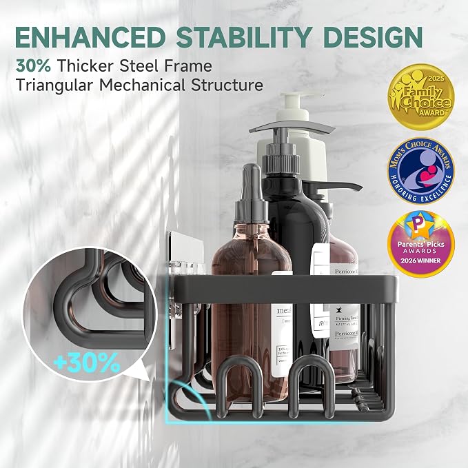 Veken Shower Caddy 6-Pack, Bathroom Organizers and Storage Shelves, Black | Advanced Rustproof Design, Large Capacity, No Drilling, Adhesive Rack with Soap Holder, Wall-Mounted Kitchen & Home Decor